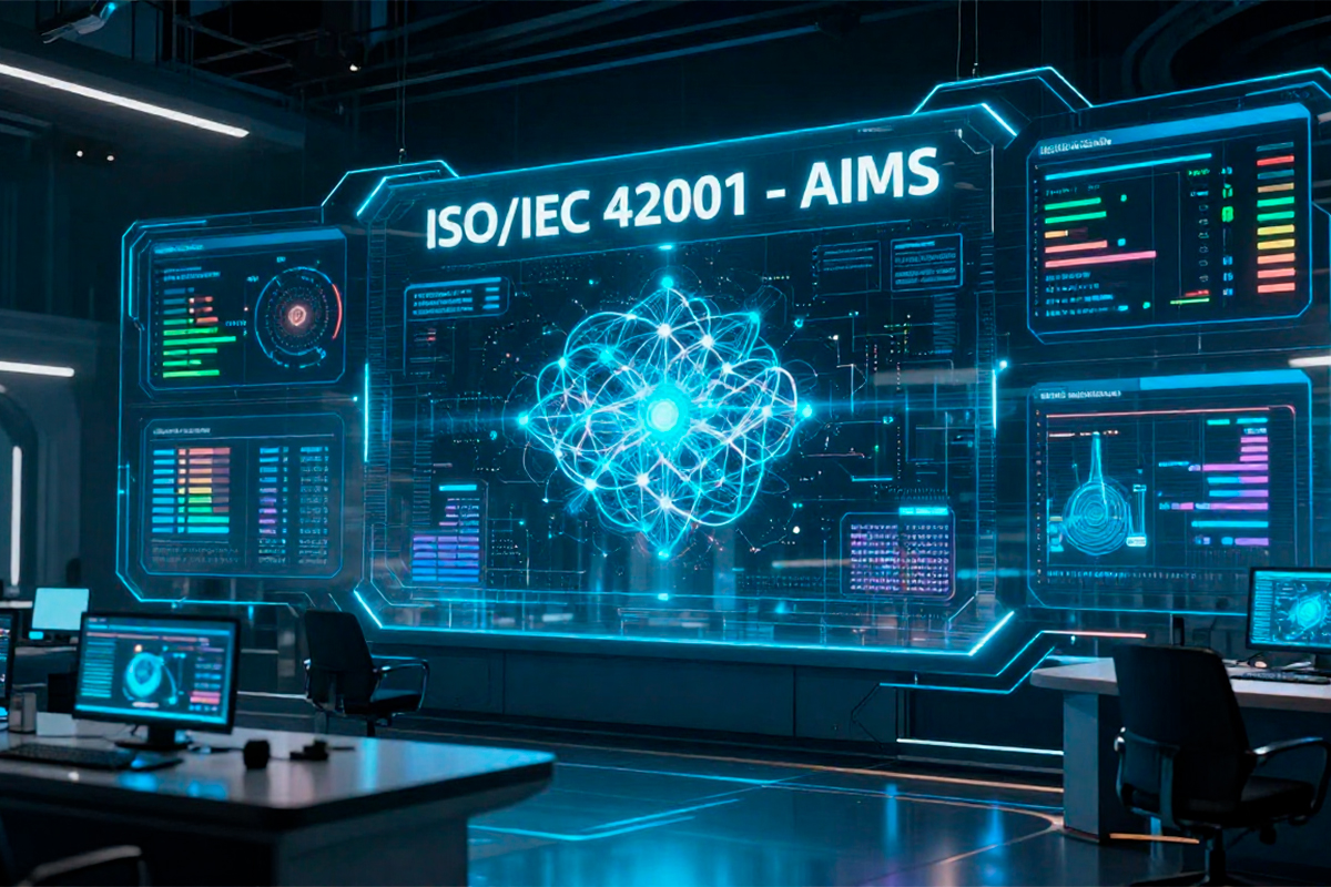 Tablero tecnológico de inteligencia artificial con métricas y controles del sistema de gestión de IA ISO/IEC 42001 AIMS