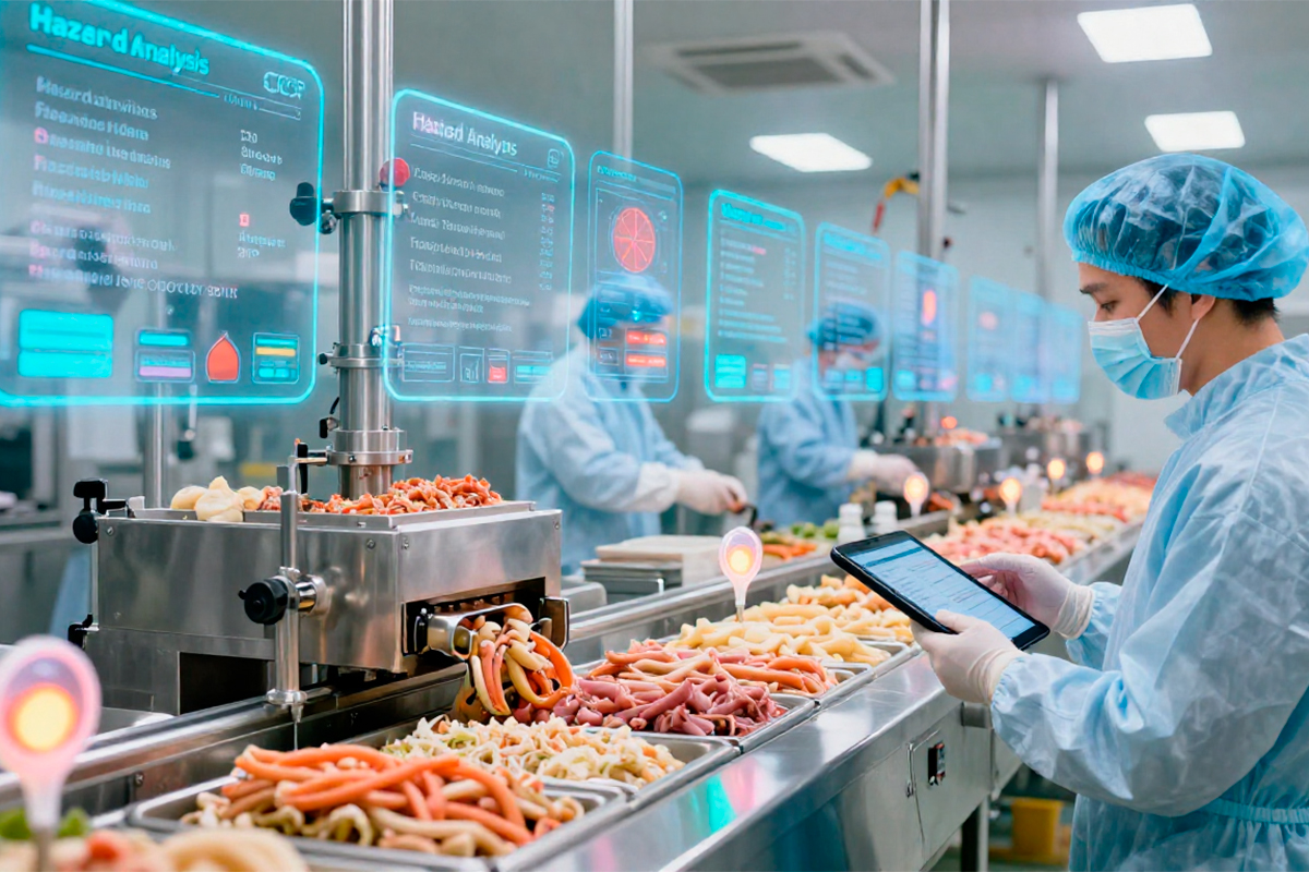 Sistema HACCP en planta de alimentos mostrando análisis de riesgos y puntos críticos de control para prevenir problemas de inocuidad alimentaria.